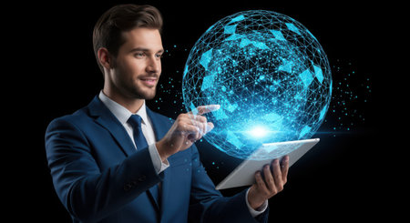 businessman in suit using tablet pc with globe and network hologramの素材