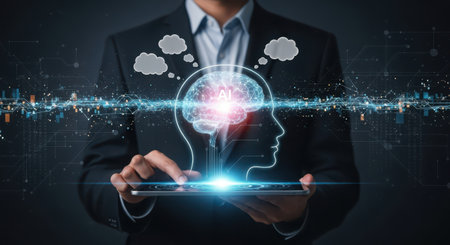 Businessman holding digital brain with cloud computing concept. 3D renderingの素材