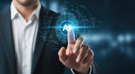 Businessman on blurred background using AI artificial intelligence interface 3D renderingの素材