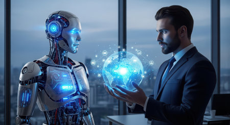 Businessman and robot working on hologram screen. 3D renderingの素材