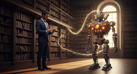 Businessman and robot in library. Artificial intelligence concept. 3D renderingの素材