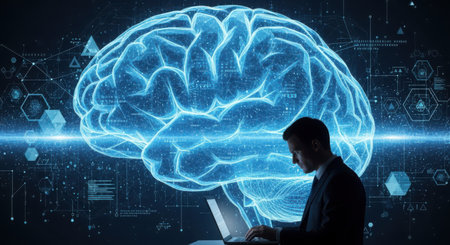 Side view of businessman using laptop with digital brain interface on dark backgroundの素材
