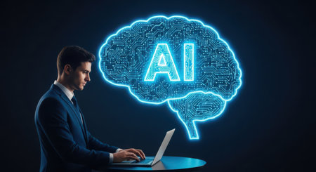 Businessman working on laptop with artificial intelligence hologram on blue backgroundの素材