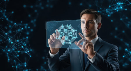 Businessman on dark background using digital holographic interface 3D renderingの素材