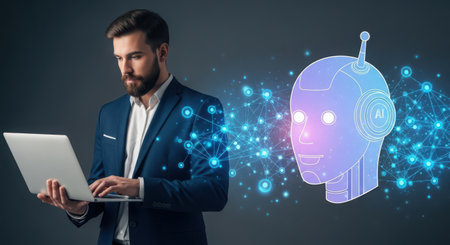 Concept of artificial intelligence with businessman using laptop and robot head sketchの素材