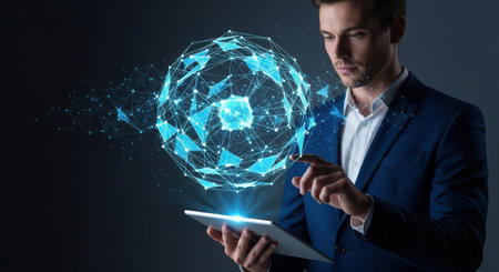 Businessman using tablet with polygonal sphere hologram. 3D renderingの素材