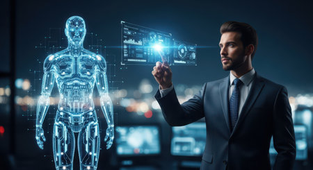 Businessman touching hologram projection of human body against blurry cityscapeの素材