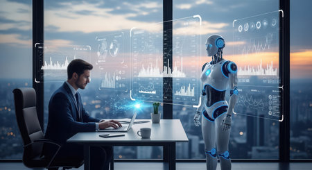 3D rendering humanoid robot working on laptop in office with cityscape backgroundの素材