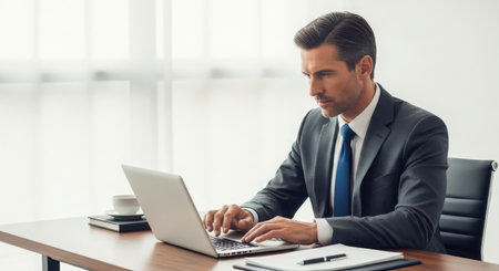Handsome businessman working on laptop at workplace in office, copy spaceの素材