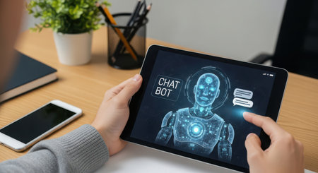 Chatbot concept on the device screen. Businessman using a tabletの素材