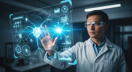 Scientist working with futuristic hologram screen in laboratory 3D renderingの素材