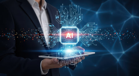 Businessman holding tablet with artificial intelligence (AI) concept on the screen.の素材
