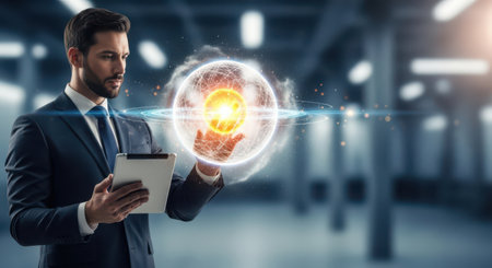 Businessman using tablet with global connection concept. 3D Renderingの素材