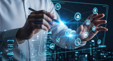 Businessman on dark background using digital holographic interface 3D renderingの素材