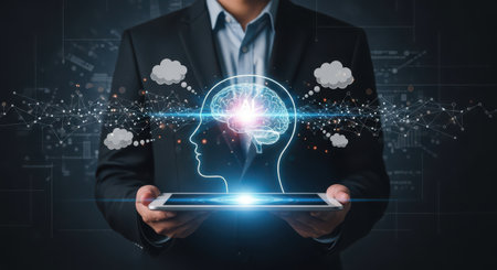 Businessman holding tablet with brain hologram on dark background. Artificial intelligence conceptの素材
