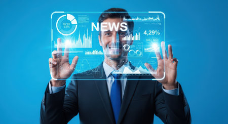 Businessman pressing modern social buttons on a virtual background 3D renderingの素材