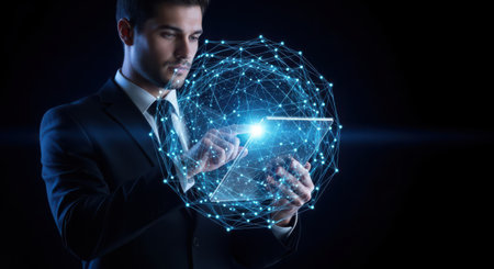 Businessman using tablet computer with global network hologram. 3D renderingの素材