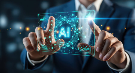 Businessman on blurred background using AI artificial intelligence interface 3D renderingの素材