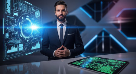 businessman in suit and tie using tablet with digital business hologramの素材