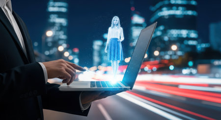 Businessman using laptop computer with woman silhouette and light trails on the street at nightの素材