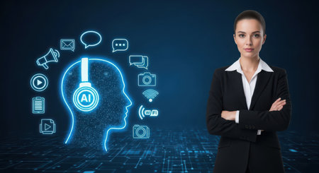 Businesswoman with digital head interface and social media icons on blue backgroundの素材