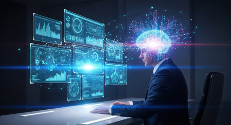 Businessman in his office using a virtual projection of a brain 3D renderingの素材