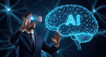 Businessman using virtual reality headset with artificial intelligence concept on dark backgroundの素材