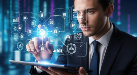 Businessman in suit using tablet with glowing business interface on blurry backgroundの素材