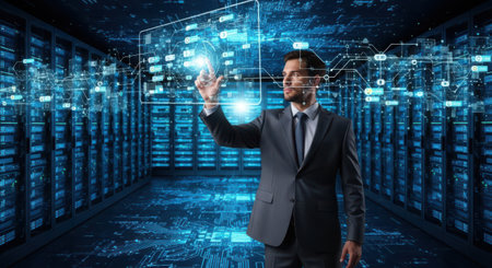 Businessman in server room touching icon of media screen 3D renderingの素材