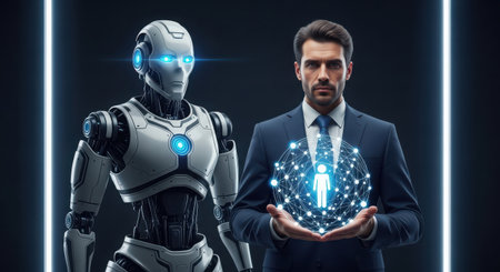 businessman and robot holding digital hologram with human symbol on dark backgroundの素材