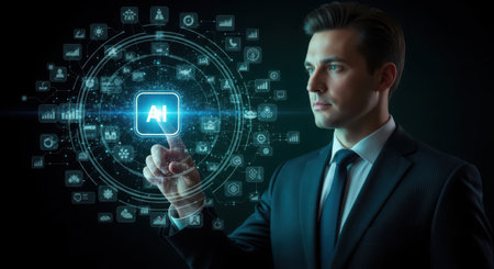 Businessman pressing high tech type of modern buttons on a virtual backgroundの素材