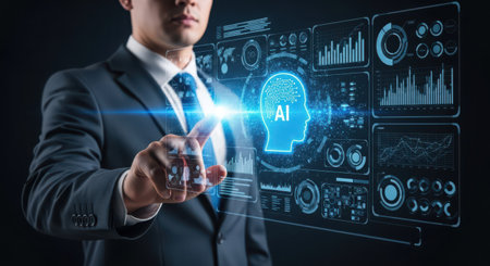 Artificial intelligence (AI) and machine learning concept. Businessman pressing button on virtual screenの素材