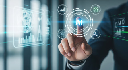 Businessman touching icon of artificial intelligence on virtual screen. Artificial intelligence conceptの素材
