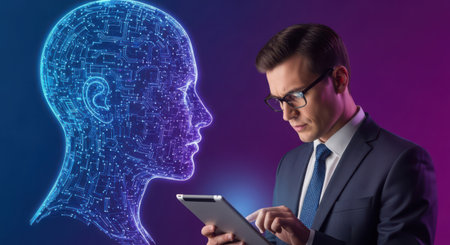Portrait of young businessman using tablet computer with artificial intelligence hologramの素材