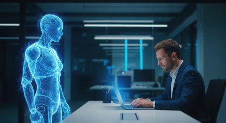 Businessman using laptop in modern office with hologram projection. Toned image double exposureの素材