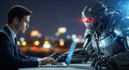 Cyborg man typing on laptop and robot at night. Mixed mediaの素材