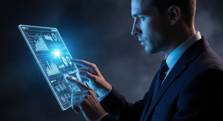 Side view of young businessman using tablet with diagrams and graphs on screenの素材