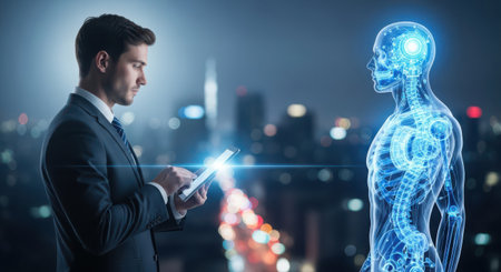 Side view of young businessman using digital tablet and skeleton figure over night city background. Toned image double exposureの素材