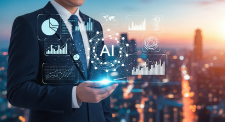 Double exposure of Businessman using mobile phone and digital business graph chart on city background.の素材