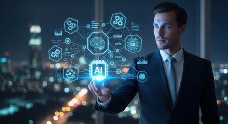 Businessman on blurred background using AI artificial intelligence interface 3D renderingの素材