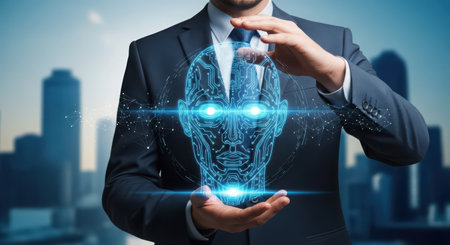 Businessman on blurred background using digital artificial intelligence interface 3D renderingの素材
