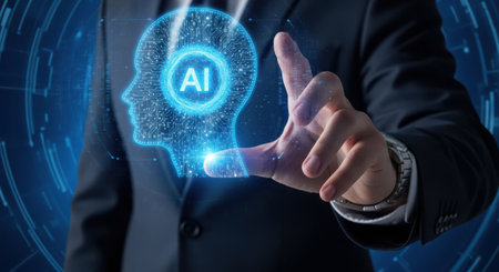 Businessman on blurred background using digital artificial intelligence interface 3D renderingの素材