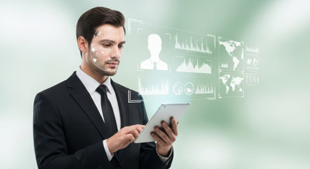 businessman using tablet with virtual business interface on green background, closeupの素材