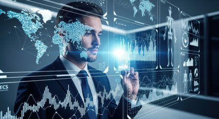 Double exposure of businessman working with virtual panel and world map. Mixed mediaの素材