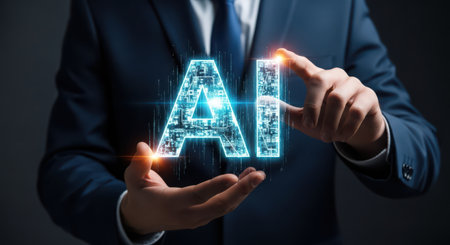 Businessman on blurred background using artificial intelligence AI interface 3D renderingの素材