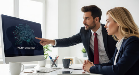 Business people working on computer in office, focus on businesswoman pointing at computerの素材
