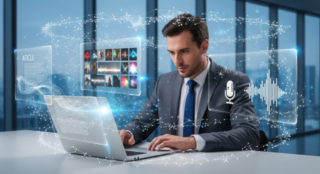 Businessman using laptop with media icons on the screen 3D renderingの素材