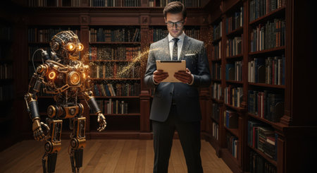 Cyborg in a library with a tablet pc. 3d renderingの素材