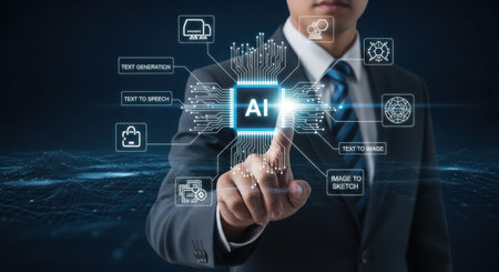 AI Artificial intelligence AI and machine learning concept. Businessman hand pressing AI icon on virtual screen.の素材