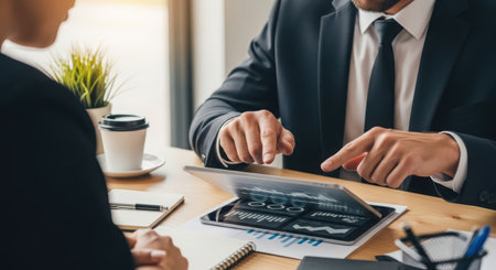 Businessman and businesswoman discussing the charts and graphs showing the results of their successful teamwork.の素材